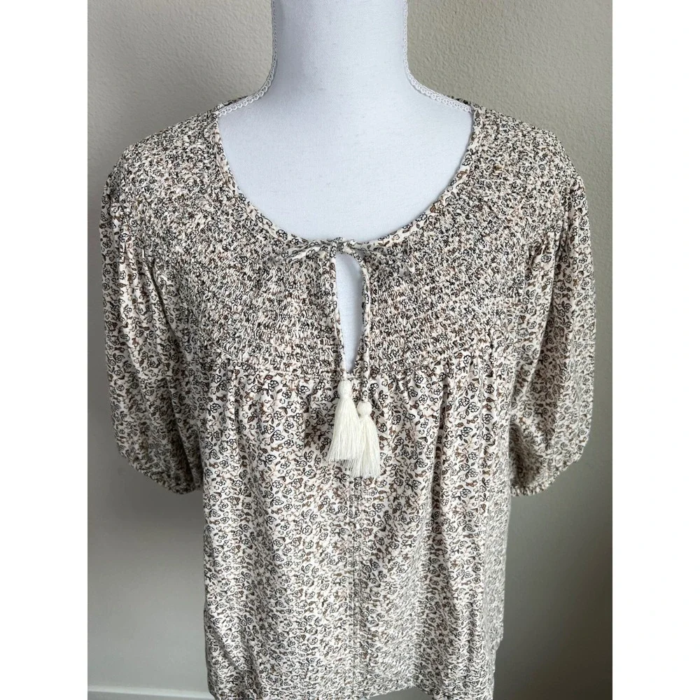 Old Navy Puff-Sleeve Tie-Front Embroidered Swing Top XL Floral Boho Peasant